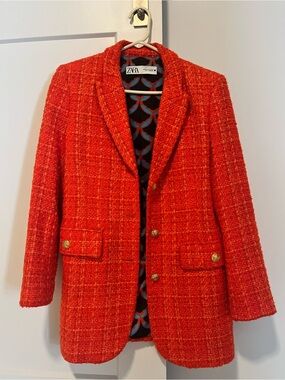 Zara Blood Orange Textured Tweed Blazer